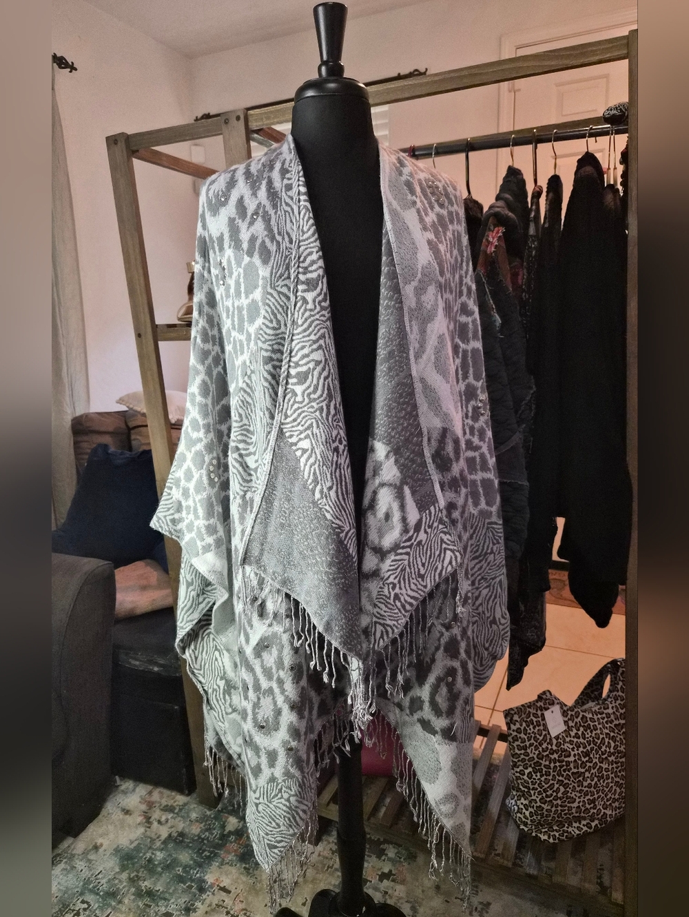 Gray & White Animal Print Rhinestone Accent Fringe Shawl #0095